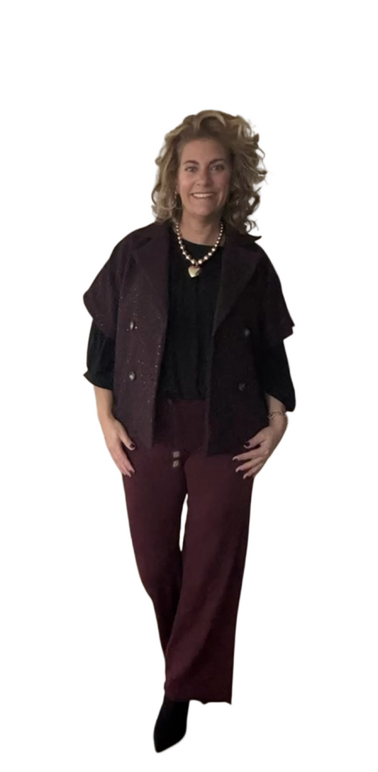 Korte tussenjas dames/ mouwloos vest met kleurloze lovertjes en visgraat patroon - Bordeaux | Fall4me collectie 2.0