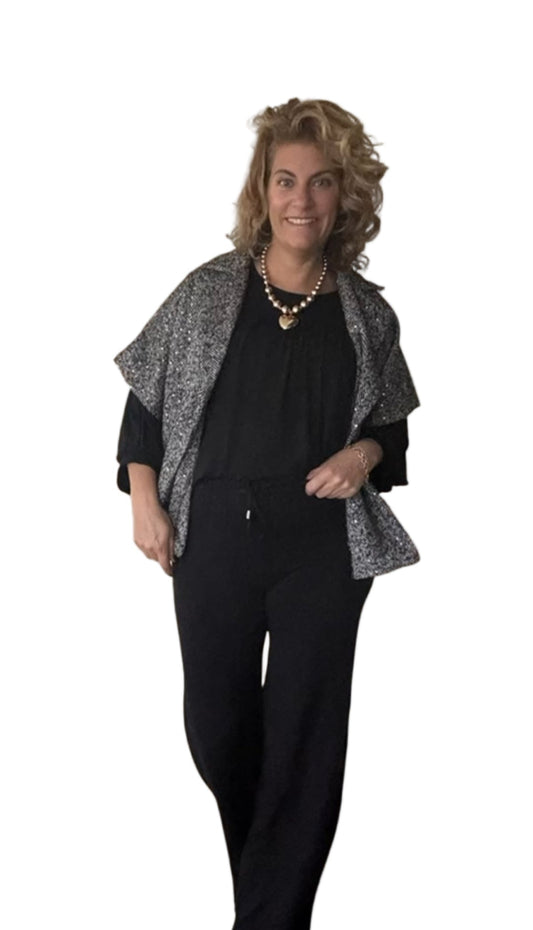 Korte tussenjas dames/ mouwloos vest met kleurloze lovertjes en visgraat patroon - Zwart | Fall4me collectie 2.0