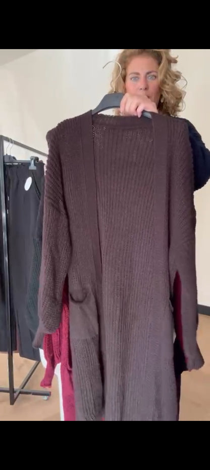 Lang gebreid vest dames met zakken; Lyna - Bruin | Fall4me collectie 2.0