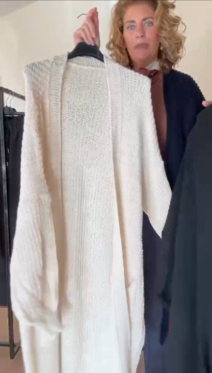 Lang gebreid vest dames met zakken; Lyna - Beige/ Roomwit | Fall4me collectie 2.0