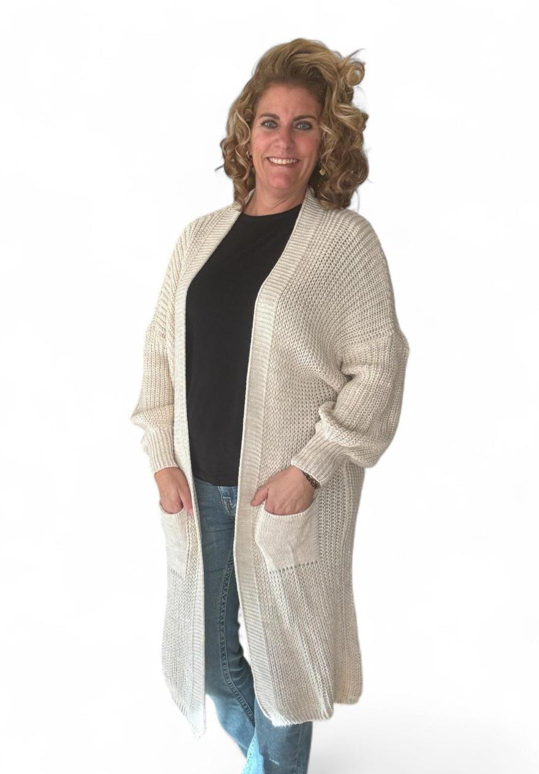 Lang gebreid vest dames met zakken; Lyna - Beige/ Roomwit | Fall4me collectie 2.0