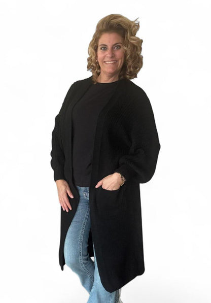 Lang gebreid vest dames met zakken; Lyna - Zwart | Fall4me collectie 2.0