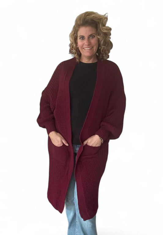 Lang gebreid vest dames met zakken; Lyna - Bordeaux | Fall4me collectie 2.0