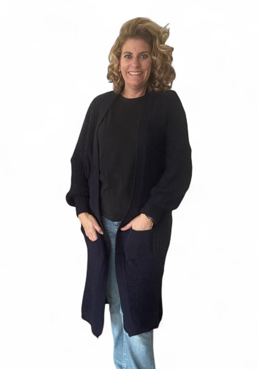 Lang gebreid vest dames met zakken; Lyna - Navy/ Marineblauw | Fall4me collectie 2.0