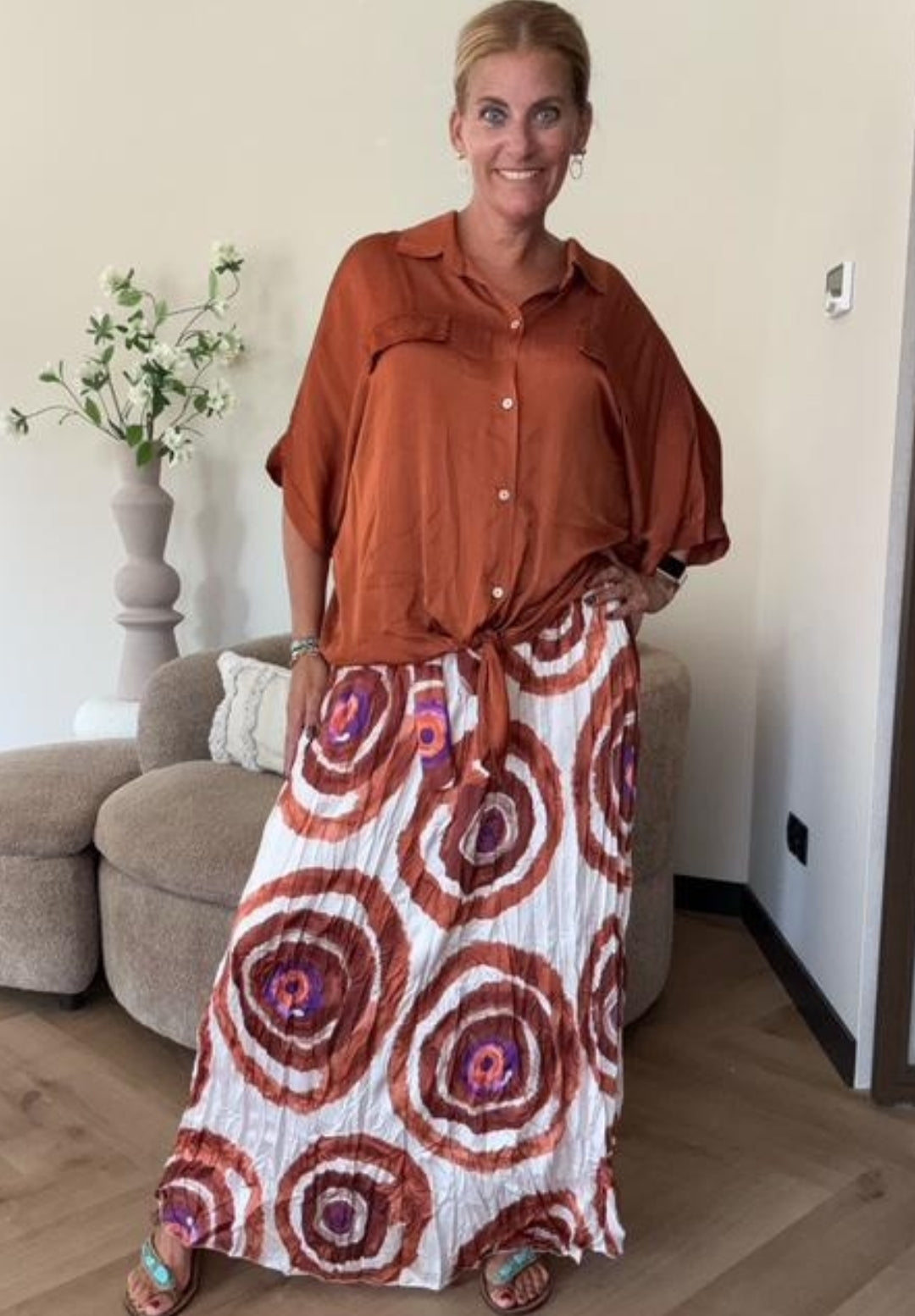 Lange plissé rok dames; Swirl - Gebroken Wit/ Roest | Fall4me collectie 2.0