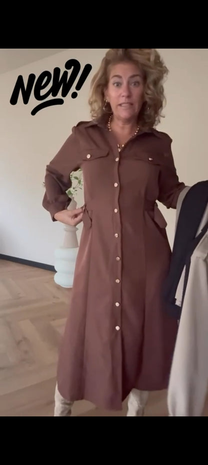 Doorknoopjurk/ doorknoop blousejurk dames van travelstof - Taupe | Fall4me collectie 2.0