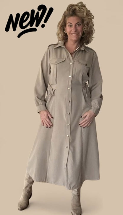 Doorknoopjurk/ doorknoop blousejurk dames van travelstof - Taupe | Fall4me collectie 2.0