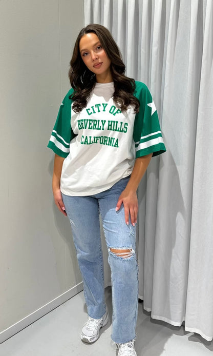 T-shirt dames t-shirt met groene opdruk; 'Beverly Hills California' - Wit/ Groen | Tee Time collectie