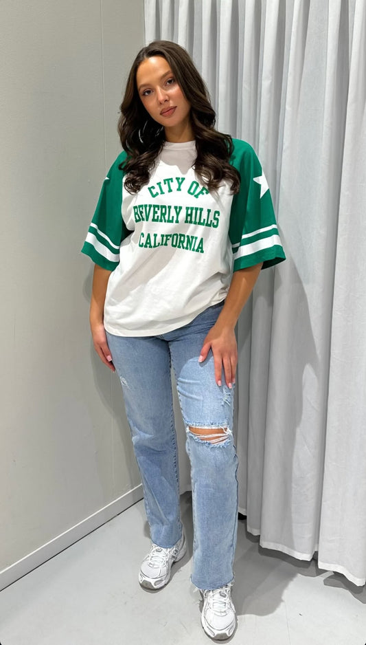 T-shirt dames t-shirt met groene opdruk; 'Beverly Hills California' - Wit/ Groen | Tee Time collectie
