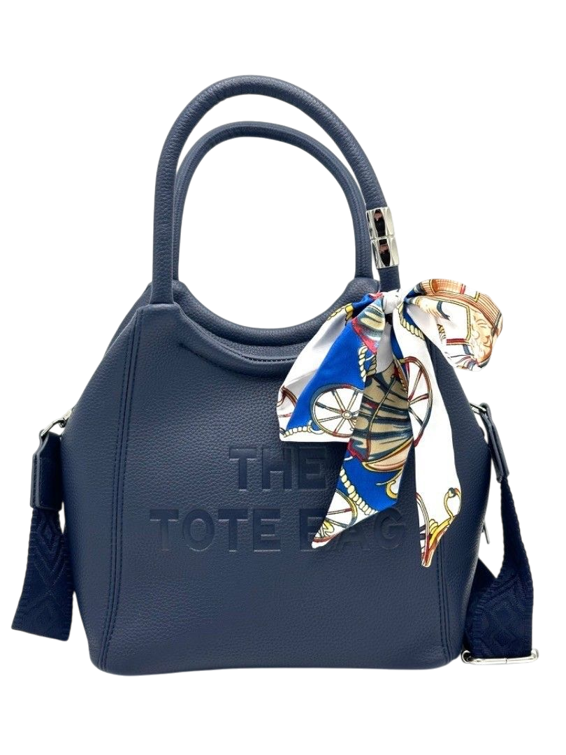 "The Tote Bag" dupes - marineblauwe shopper met sjaaltje en lang hengsel.