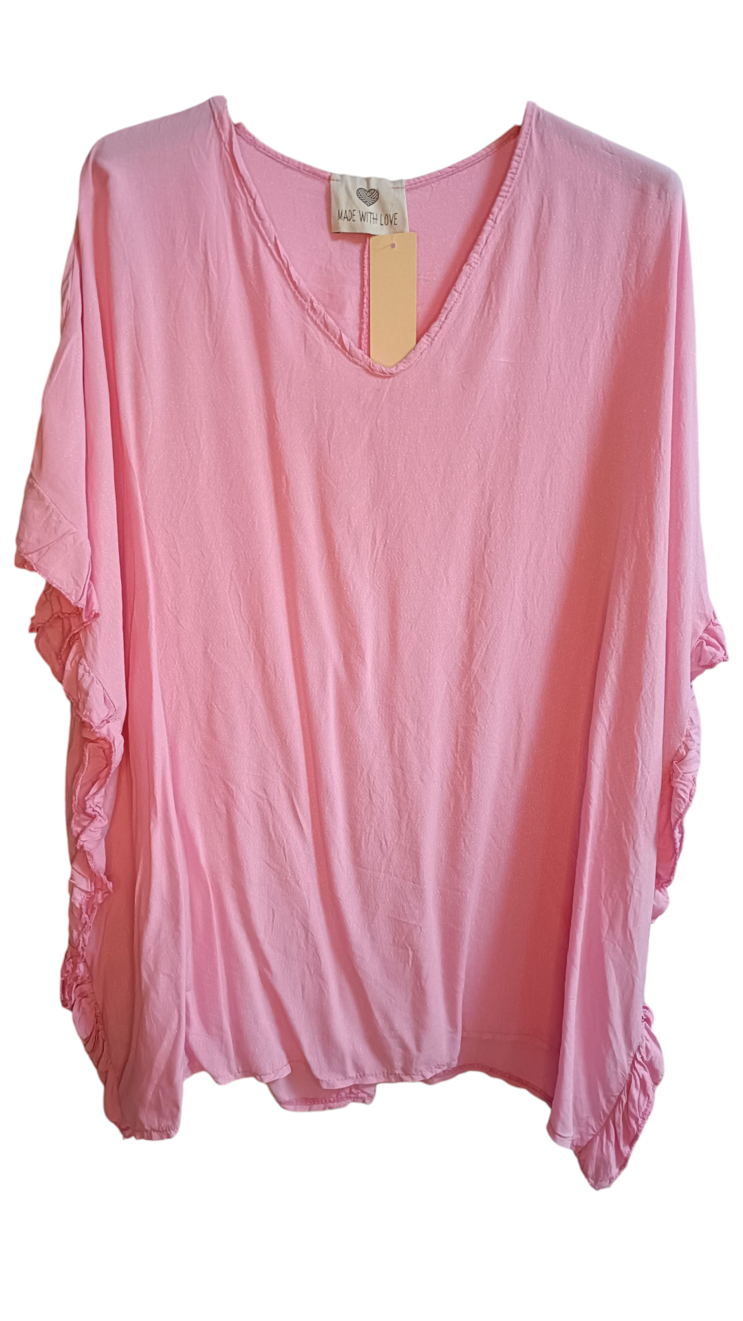 Mouwloze top grote maat met V-hals en roezels – full body (lichtroze)