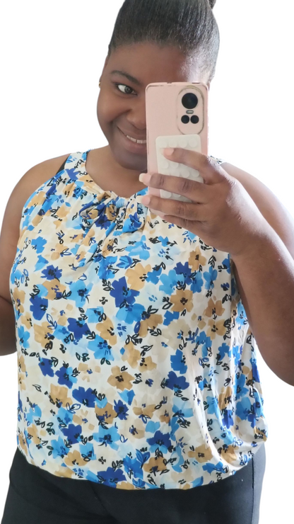 Travelstof top dames; mouwloos met strikje - Bloemen print; Blauw| End of Summer collectie