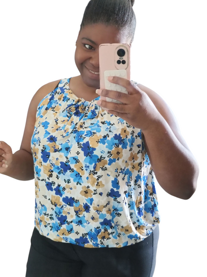 Travelstof top dames; mouwloos met strikje - Bloemen print; Blauw| End of Summer collectie