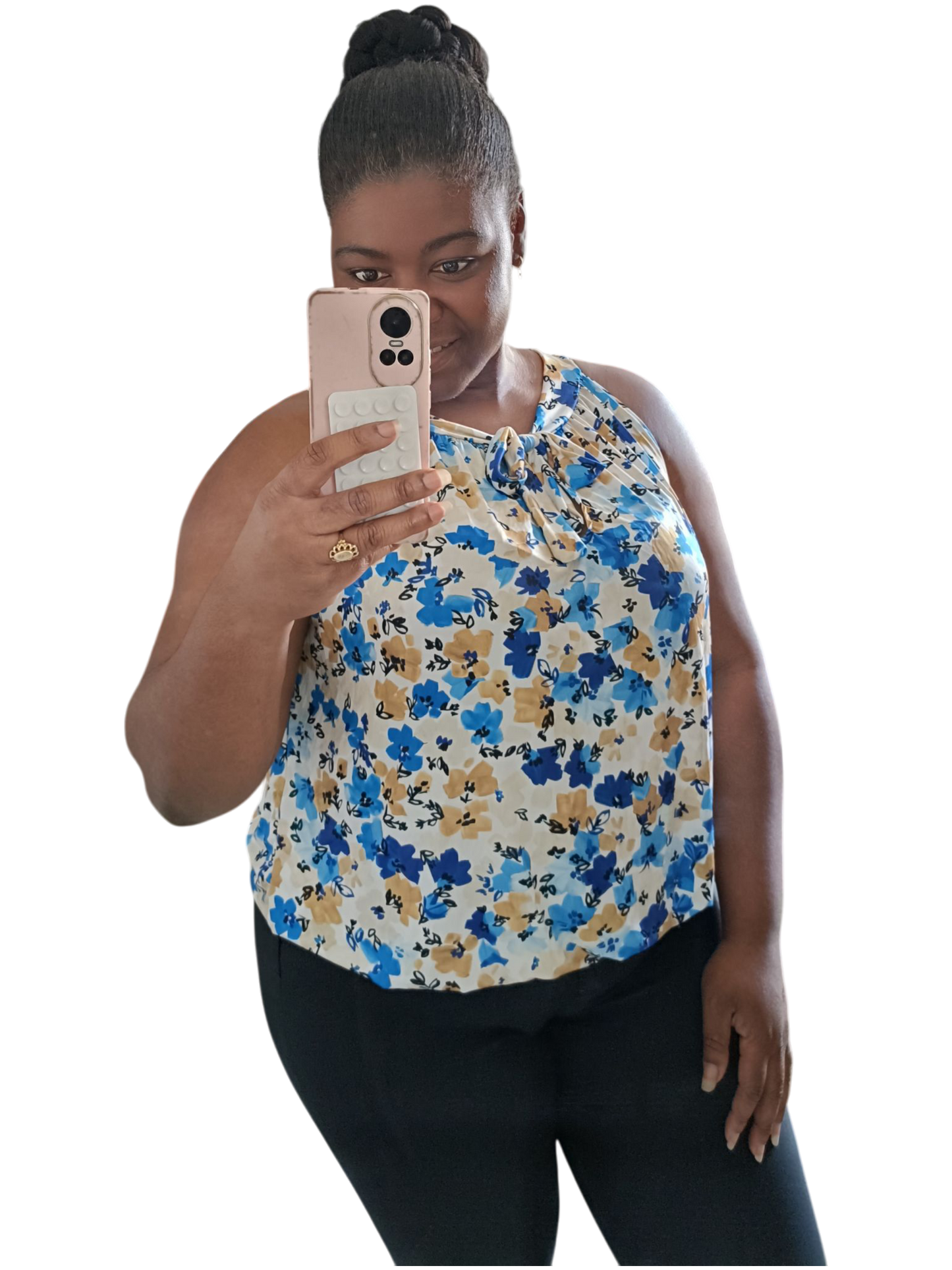 Travelstof top dames; mouwloos met strikje - Bloemen print; Blauw| End of Summer collectie