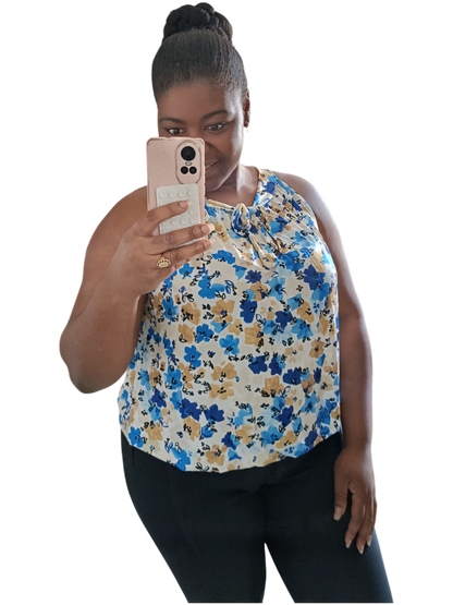 Travelstof top dames; mouwloos met strikje - Bloemen print; Blauw| End of Summer collectie