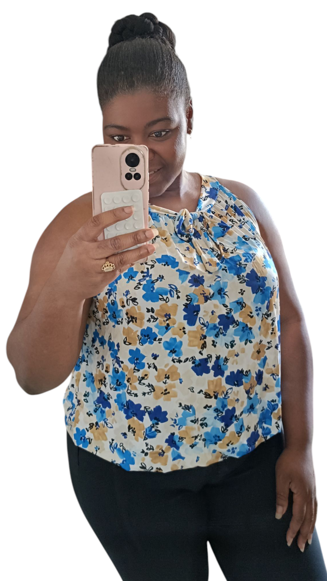 Travelstof top dames; mouwloos met strikje - Bloemen print; Blauw| End of Summer collectie