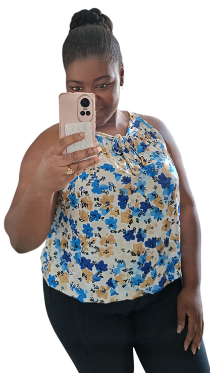 Travelstof top dames; mouwloos met strikje - Bloemen print; Blauw| End of Summer collectie