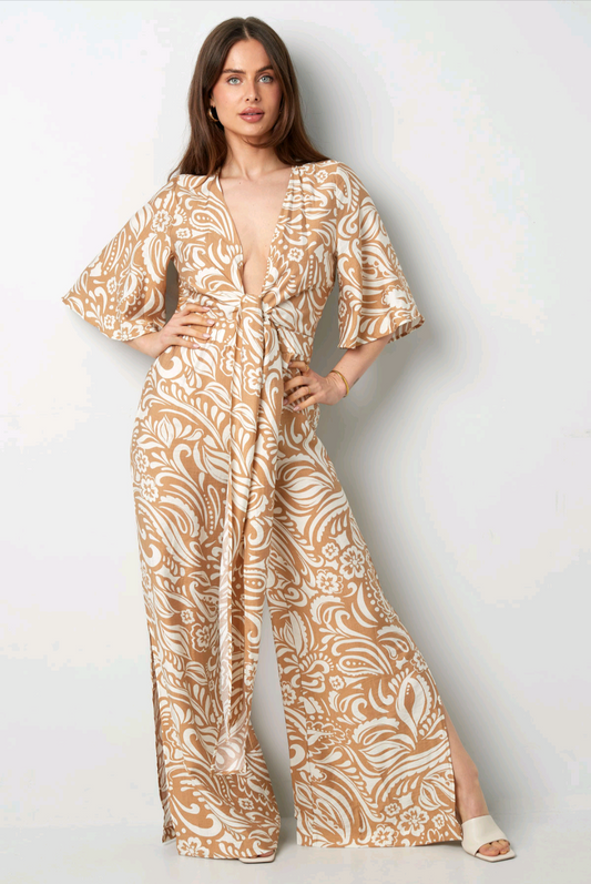 Dames Jumpsuit; wide leg jumpsuit met boho print - Beige