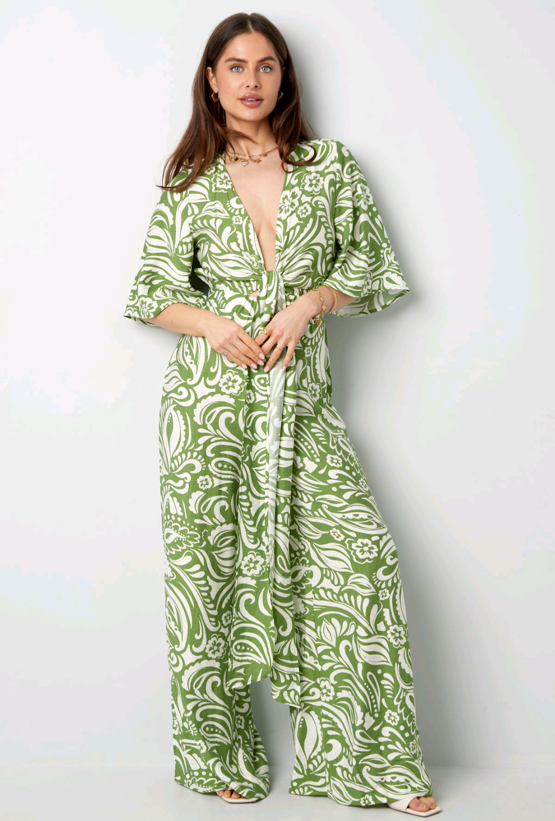 Dames Jumpsuit; wide leg jumpsuit met boho print - Groen