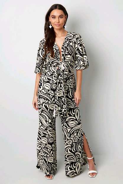 Dames Jumpsuit; wide leg jumpsuit met boho print - Zwart