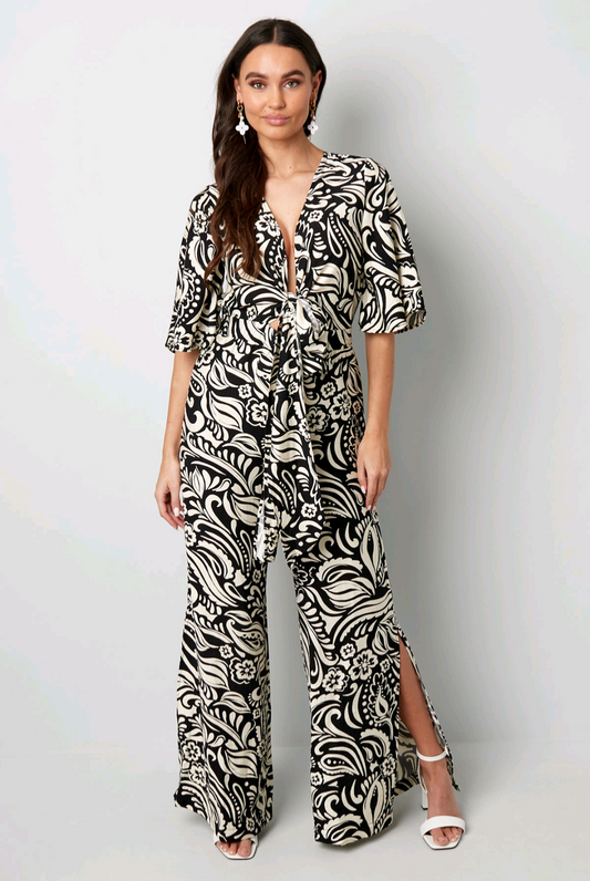 Dames Jumpsuit; wide leg jumpsuit met boho print - Zwart