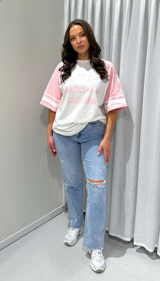 T-shirt dames t-shirt met roze opdruk; 'Beverly Hills California' - Wit/ Roze | Tee Time collectie