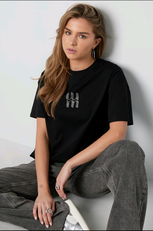 Gimme zwart dames t-shirt met strass tekst/ logo; 'MM' - Zwart | Tee Time collectie