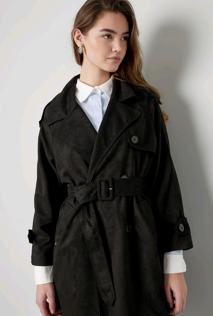 Suedine trenchcoat dames lang - Zwart | Fall4Me collectie