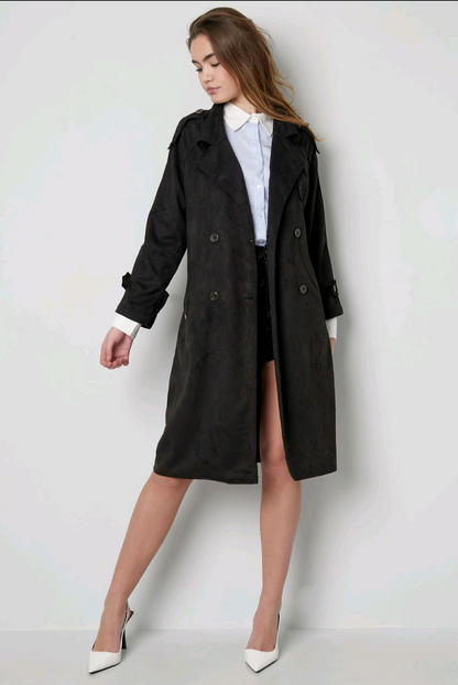 Suedine trenchcoat dames lang - Zwart | Fall4Me collectie