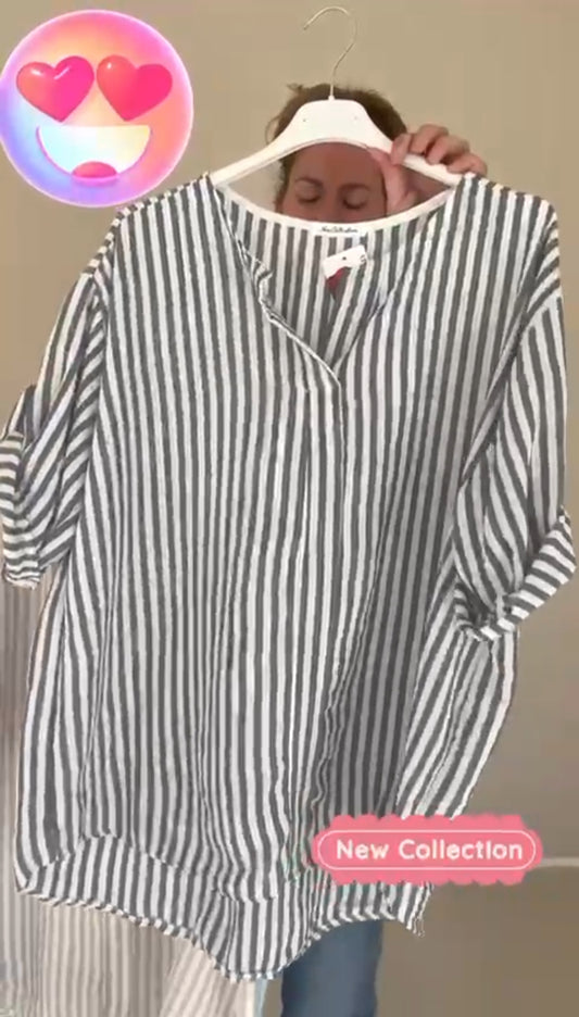 Gestreepte top dames met v-hals - Blauw (Lijkt op zwart) | Tee Time collectie