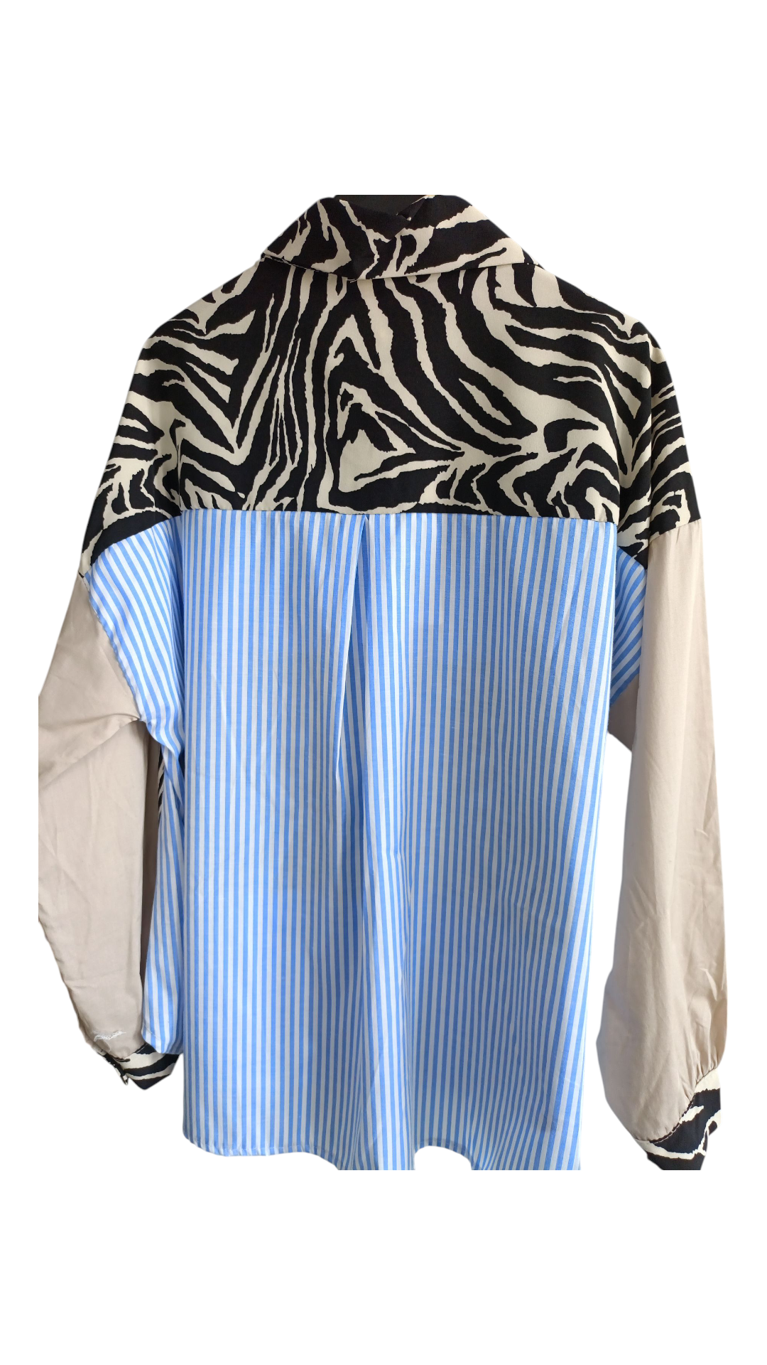 Blauw wit gestreepte blouse dames met zebra print. Achterkant 
