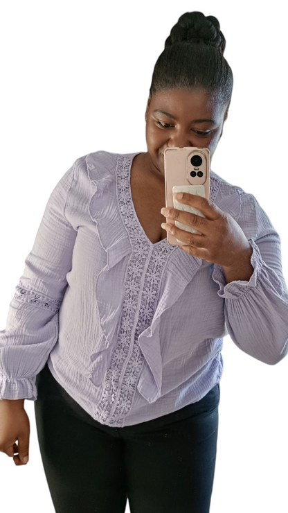 Carolina; Dames top van wafelstof - Lila paars