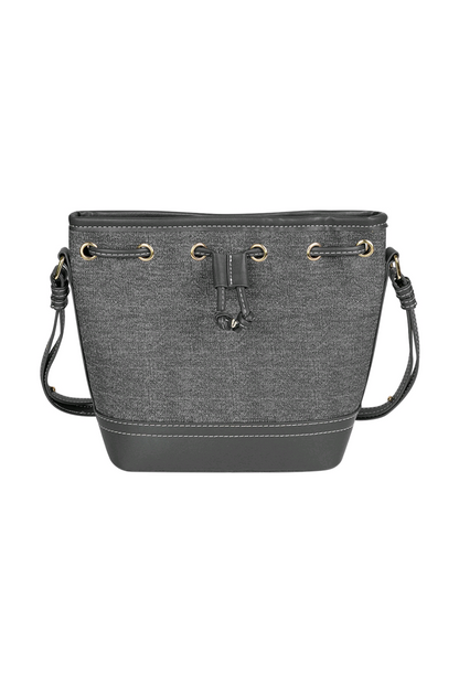Bucketbag dames; stoere bucket bag met aantrekkoord en leatherlook details - donkergrijs denim.