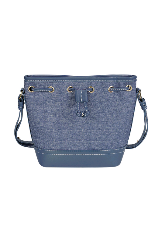 Bucket bag dames; stoere bucketbag met aantrekkoord en leatherlook details - donkerblauw denim.