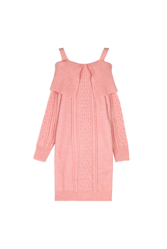 Dames off-shoulder kabel gebreide trui jurk/ tuniek - Licht roze | Lente & Pastels collectie