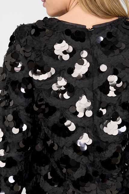 Gimme: Dames statement top met pailletten en opengewerkte lange mouwen - Zwart