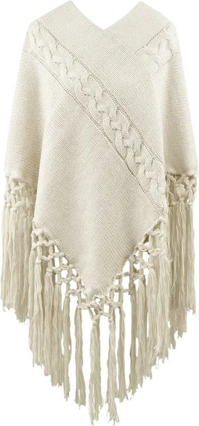 Luna - Beige gebreide dames poncho met slierten | Selflove collectie