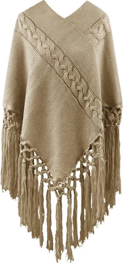Luna - Camel gebreide dames poncho met slierten | Selflove collectie