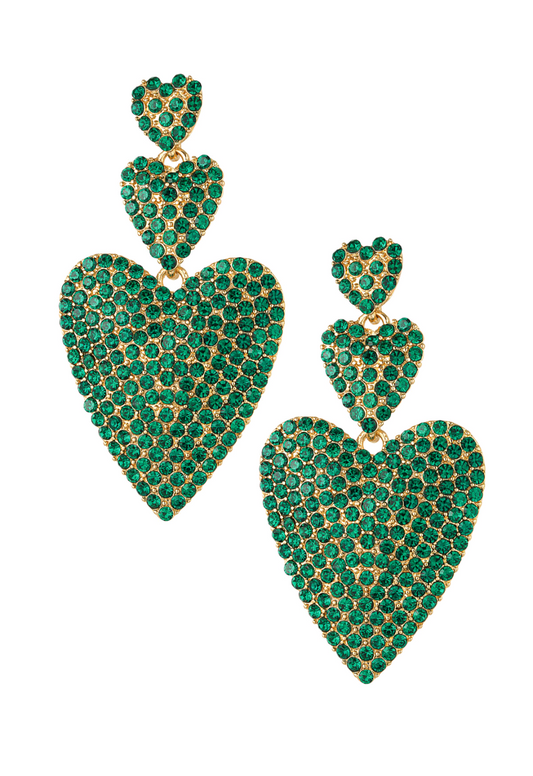 Dames statement oorbellen; 3 hartjes met strass: Falling for You - Groen | Sparkle on Me collectie