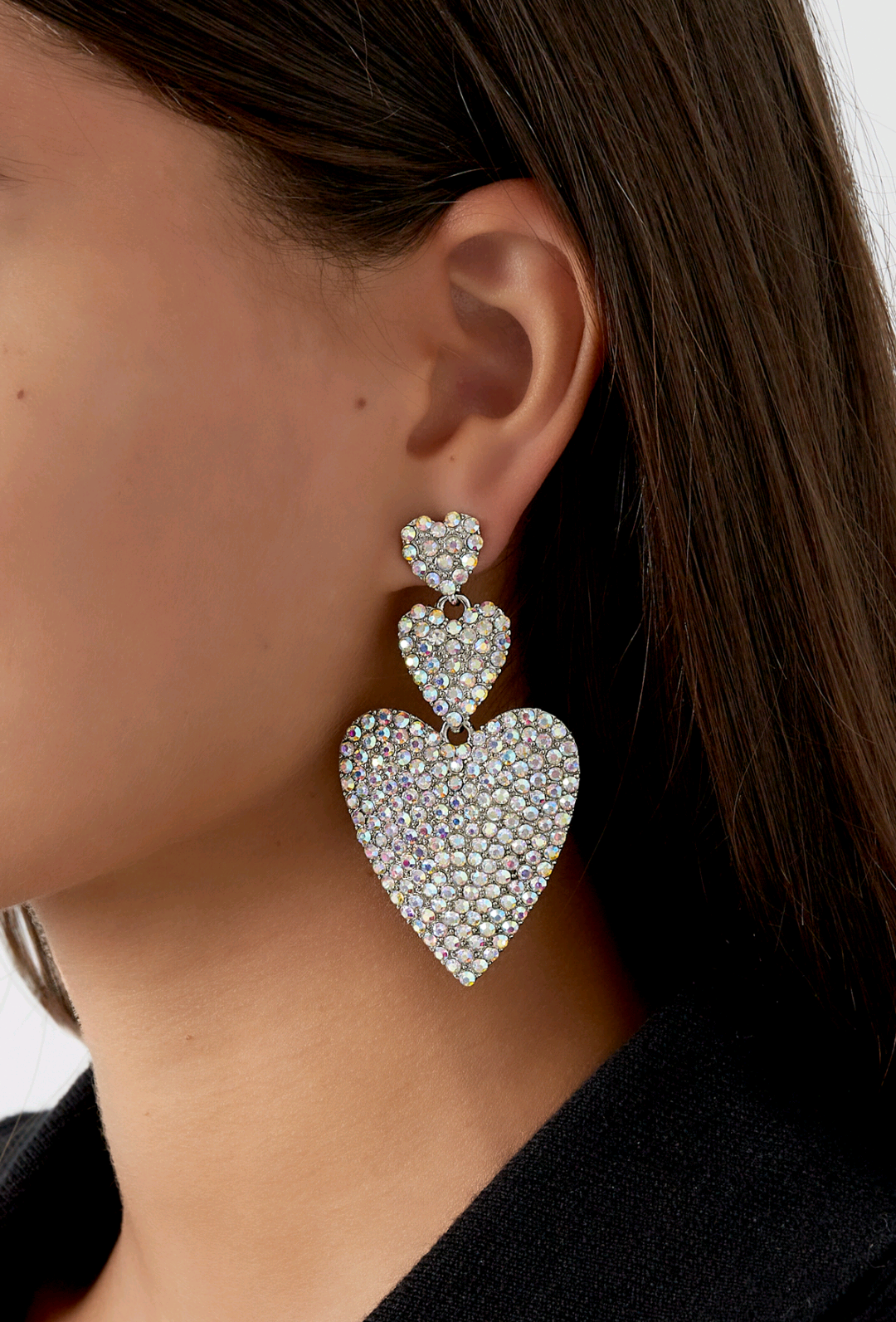 Dames statement oorbellen; 3 hartjes met strass: Falling for You - Fuchsia | Sparkle on Me collectie