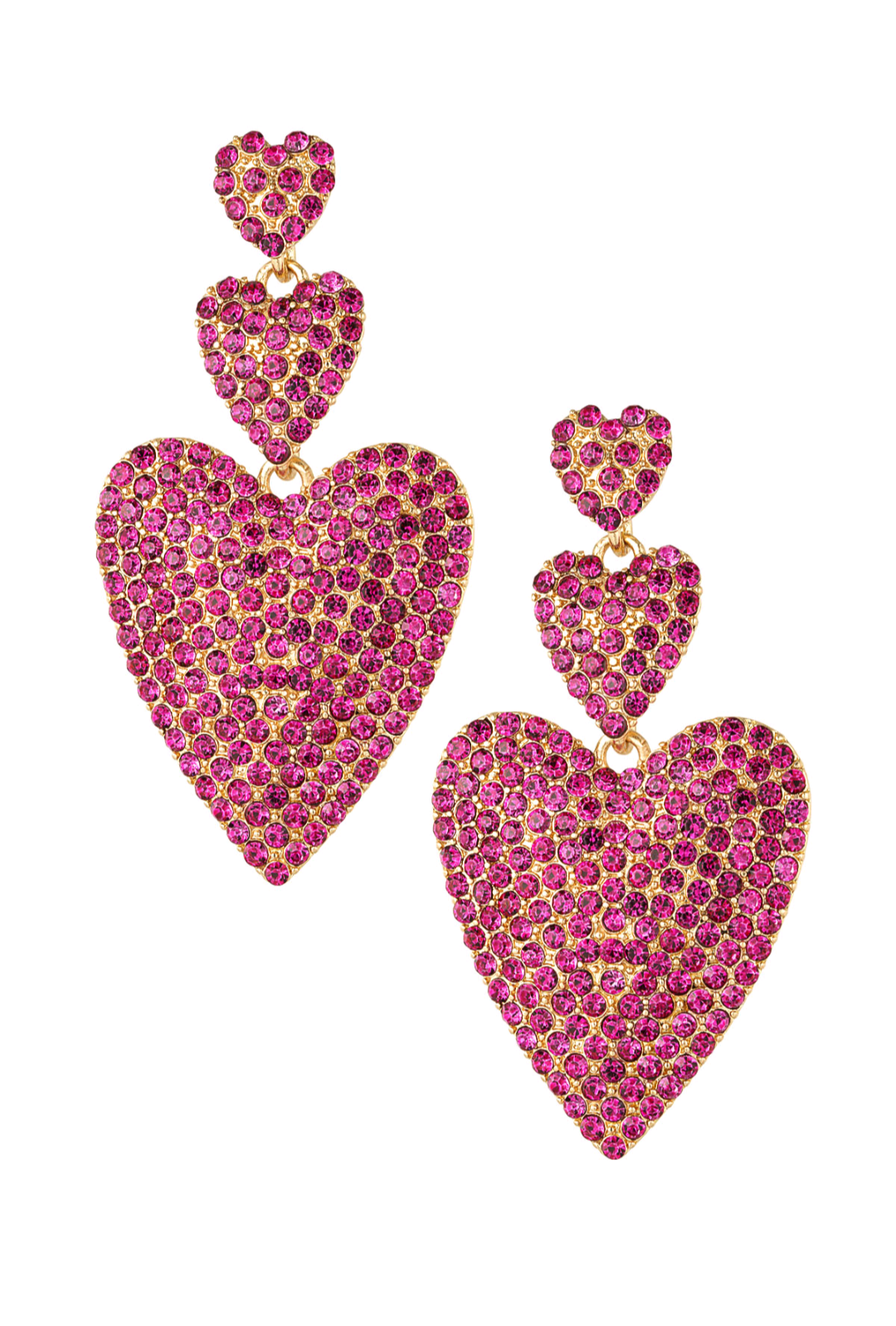 Dames statement oorbellen; 3 hartjes met strass: Falling for You - Fuchsia | Sparkle on Me collectie