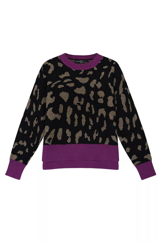 Panterprint trui dames - Zwart/ beige met paarse boorden - maat L/XL